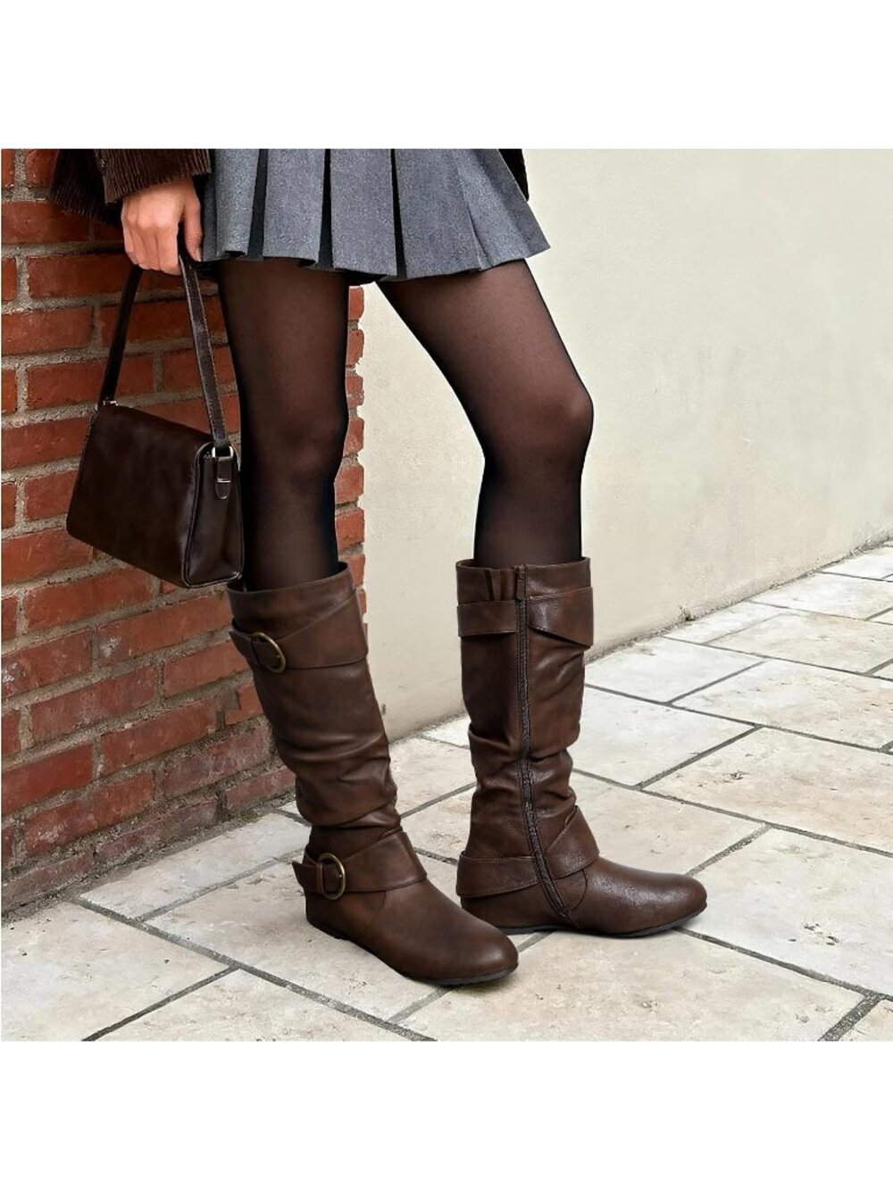 Women's Brown Faux Leather High Low Hidden Wedge Side Zipper Knee High Boots - Picture 3 of 6